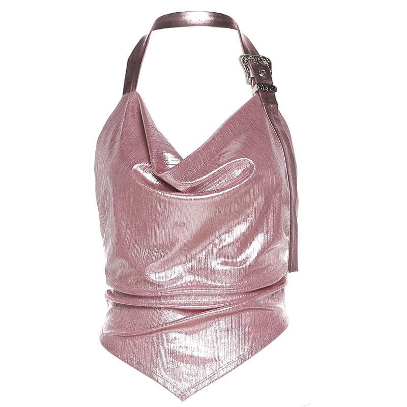 Metallic cowl neck buckle halter ruched backless top