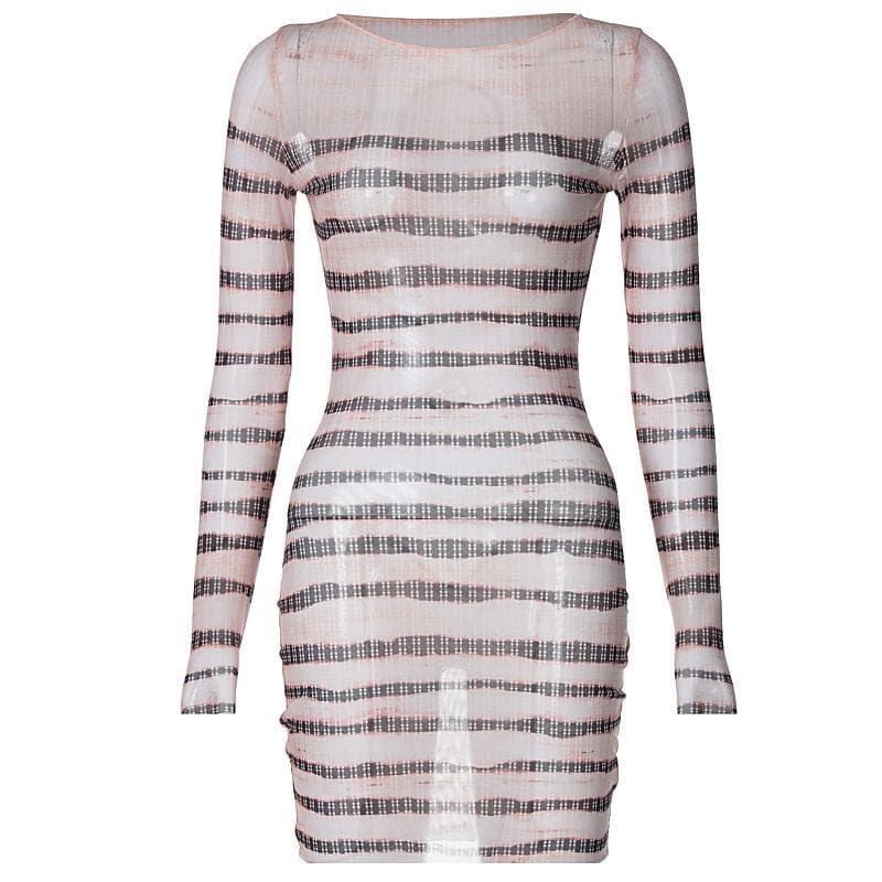 Long sleeve striped print sheer mesh crewneck ruffle mini dress