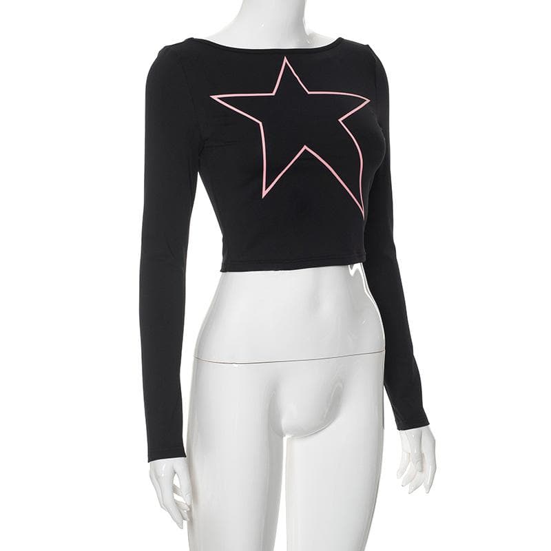 Long sleeve star pattern backless contrast crop top