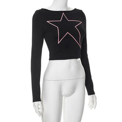 Long sleeve star pattern backless contrast crop top