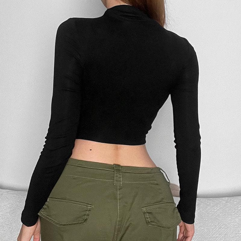 Star applique ruched long sleeve high neck crop top