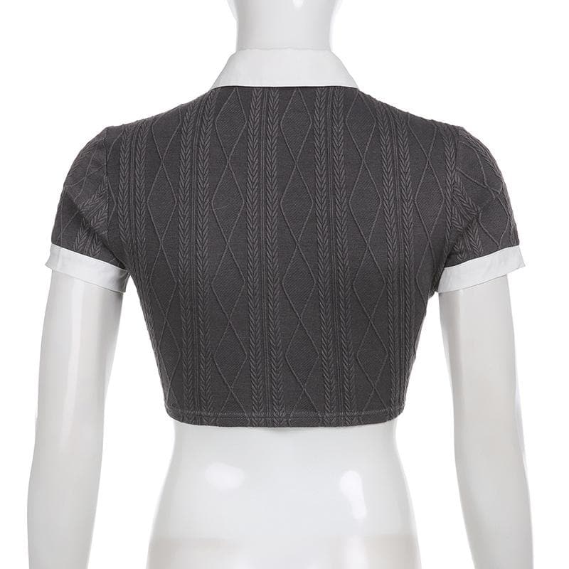 Strukturiertes, kurzärmliges Patchwork-Crop-Top mit Umschlagkragen