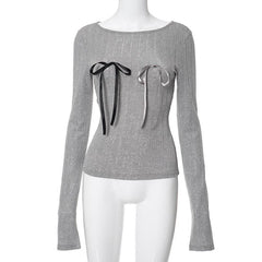 Bowknot applique contrast long sleeve round neck top