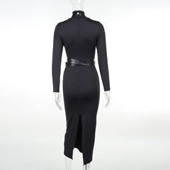 Cross front solid long sleeve PU leather high neck slit midi dress