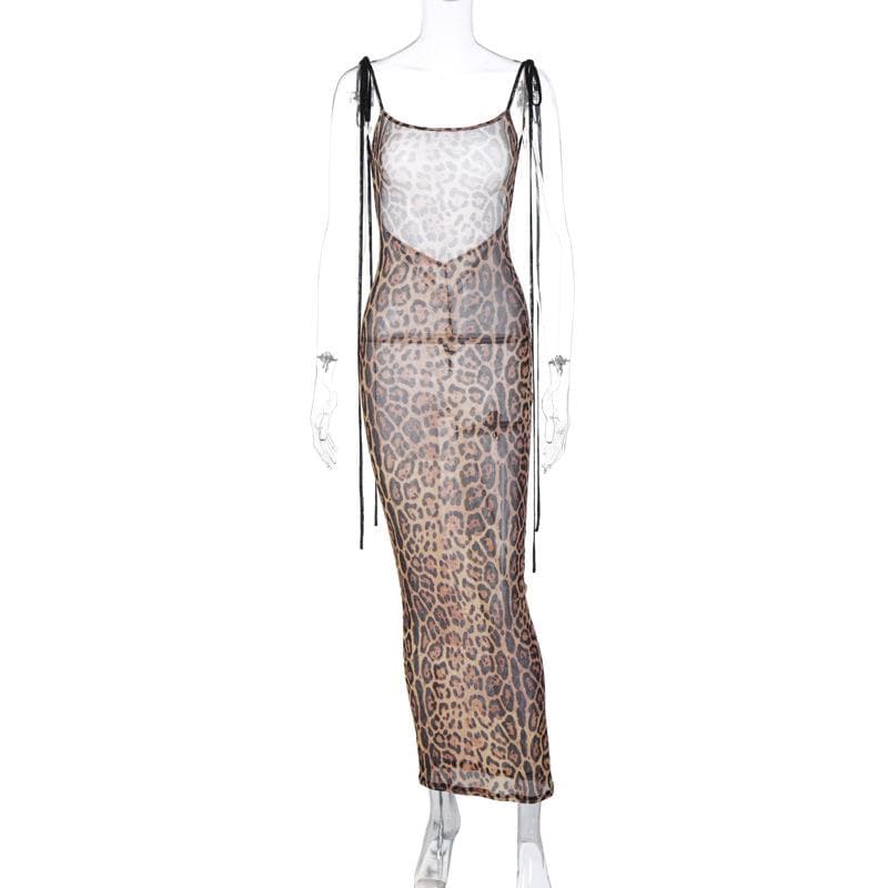 PRE ORDER - Mesh leopard print backless self tie ruched maxi dress