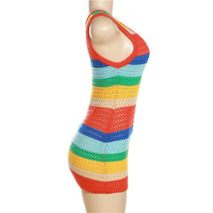 Sleeveless u neck striped contrast crochet mini dress