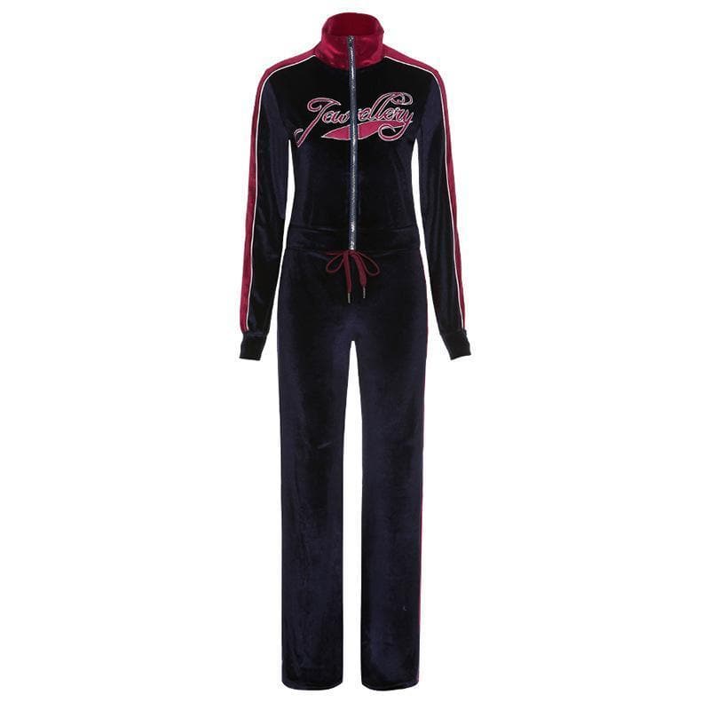 Zip-up letter embroidered high neck pant set