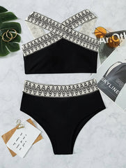 Cross front patchwork contrast backless bikini swimwear