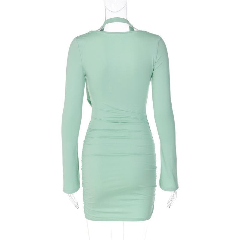 Long sleeve cowl neck halter solid mini dress