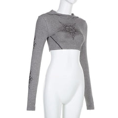 High neck abstract long sleeve contrast hoodie crop top