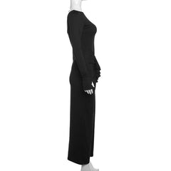 Ruched long sleeve solid gloves round neck maxi dress