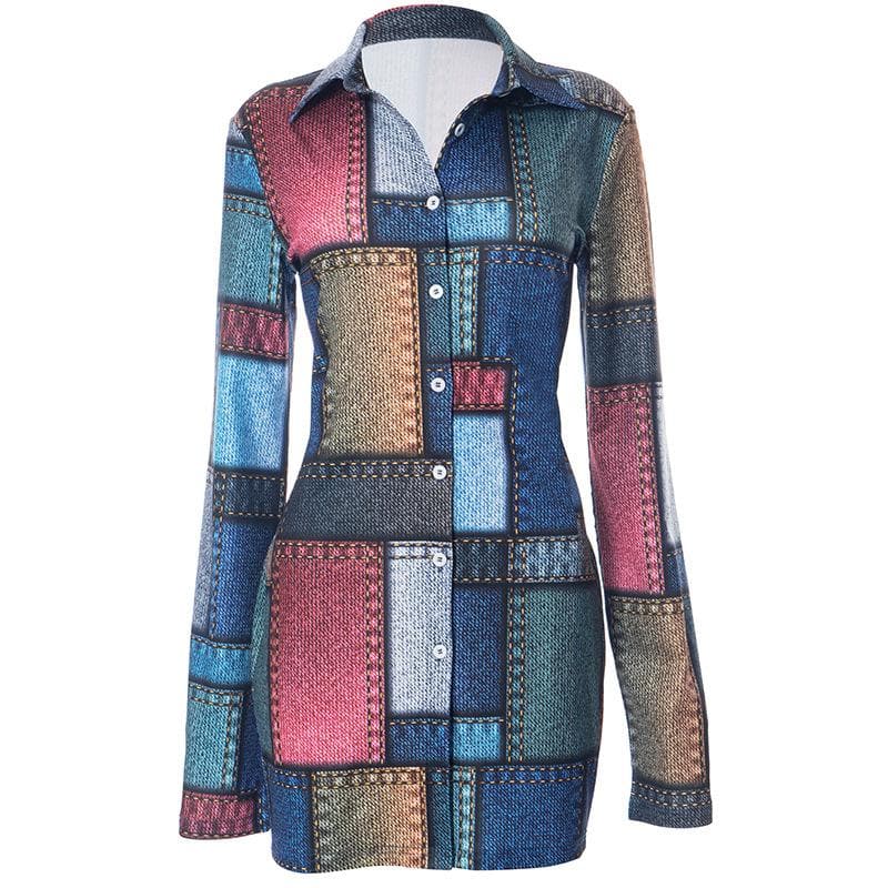 Turnover collar long sleeve denim print contrast button mini dress