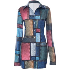 Turnover collar long sleeve denim print contrast button mini dress