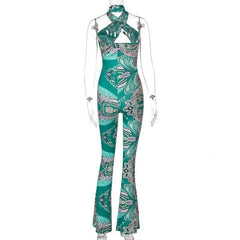 Ausgestellter Jumpsuit mit Neckholder-Print und Hohlsaum