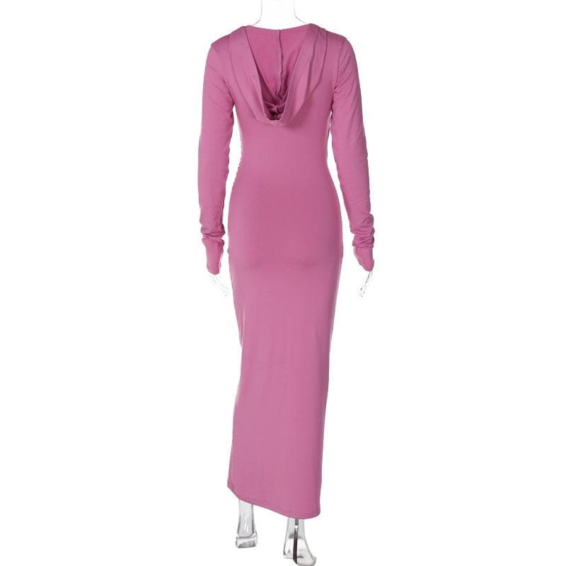 Ruched solid long sleeve v neck hoodie maxi dress