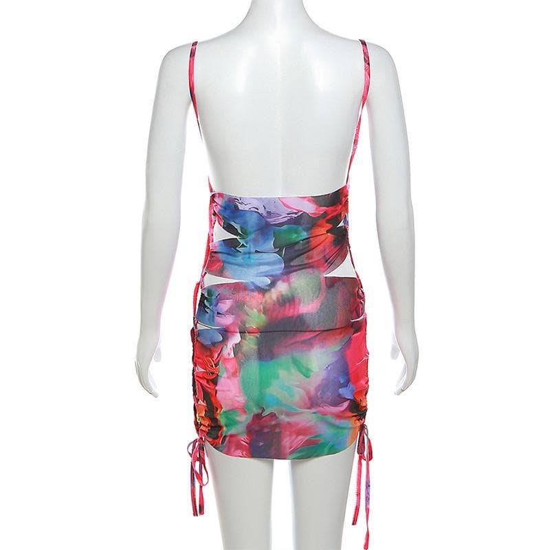 Hollow out flower print drawstring contrast cami mini dress