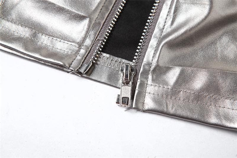 Solid metallic sleeveless zip-up hollow out buckle tube top