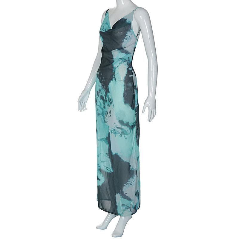 Slit chiffon tie dye contrast backless cowl neck cami maxi dress