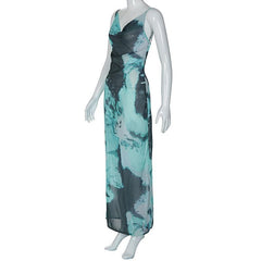 Slit chiffon tie dye contrast backless cowl neck cami maxi dress