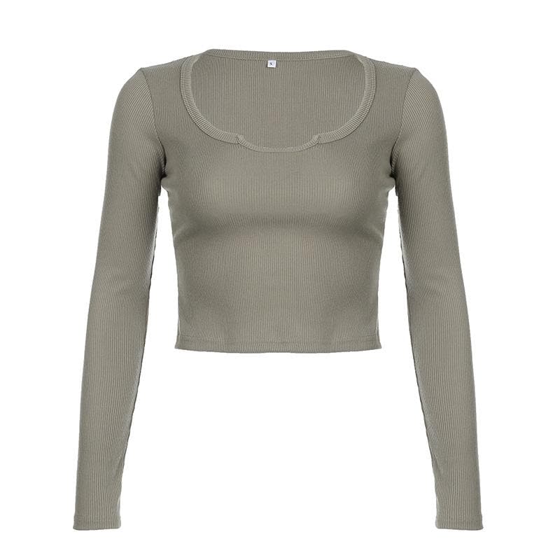 Ribbed notch neck solid long sleeve top