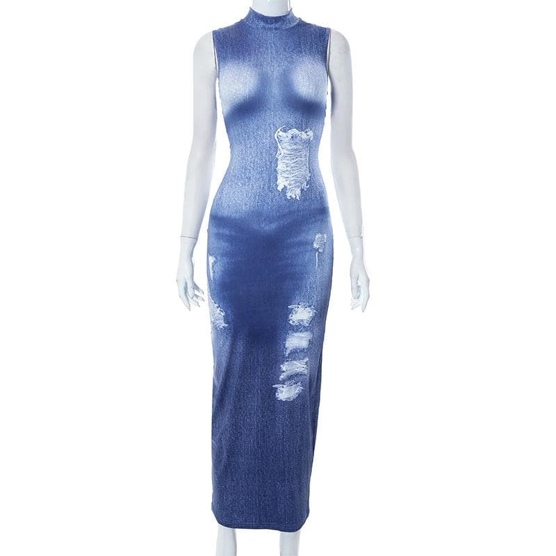 Ärmelloses Maxikleid mit hohem Kragen und Jeans-Print in Kontrastfarbe