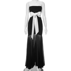 Ruched bowknot backless hollow out ribbon patchwork tube maxi dress