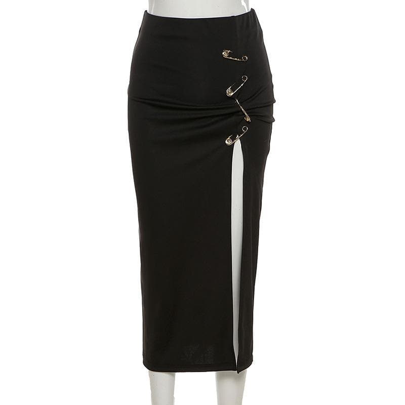 Solid high slit ruched pins midi skirt