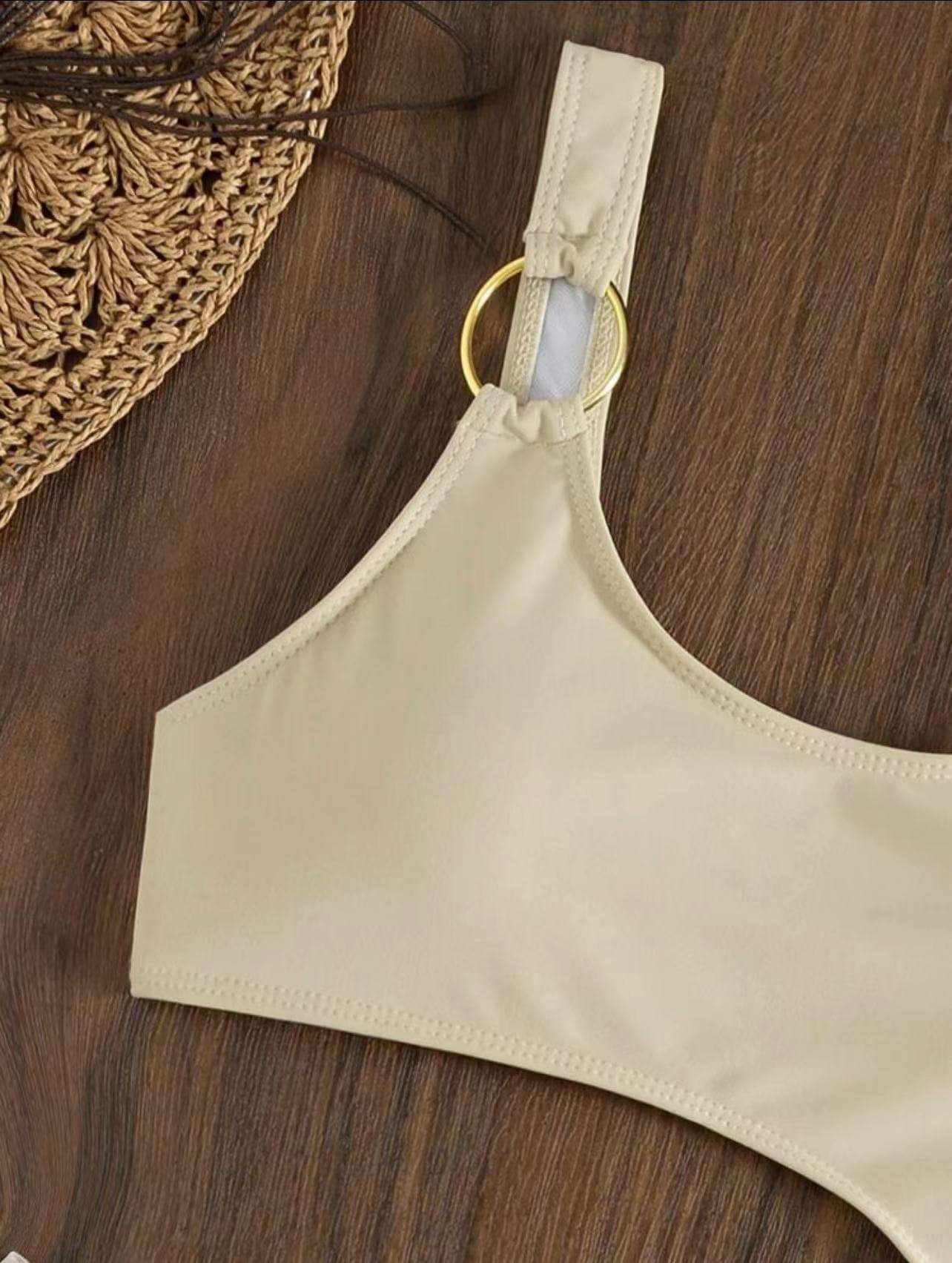 Traje de baño de 3 piezas con cordón ajustable, malla sólida, cuello en U y anillo en O