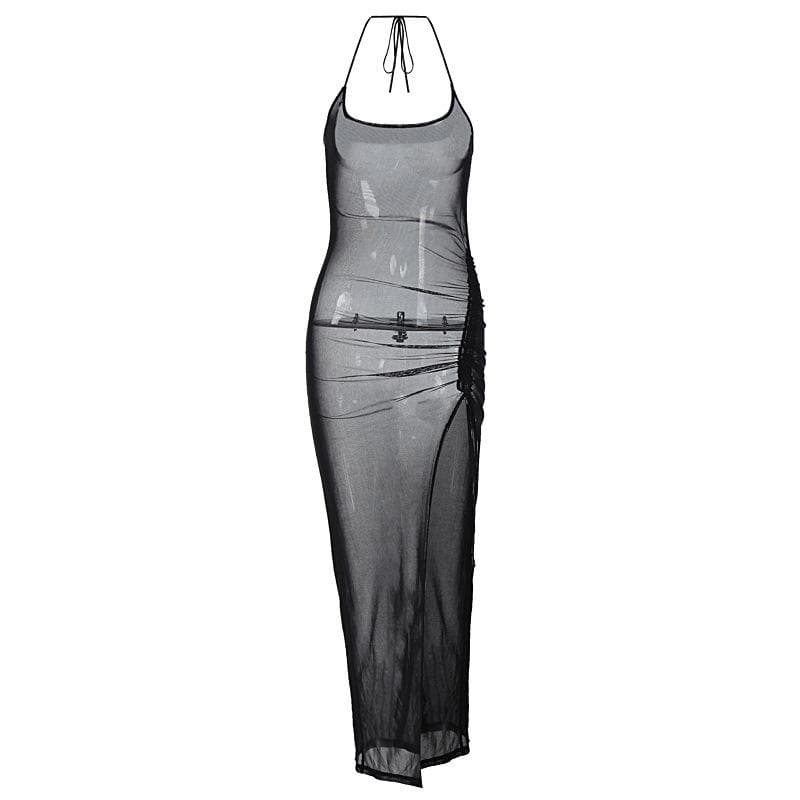 Halter drawstring sheer mesh see through slit backless maxi dress