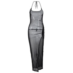 Halter drawstring sheer mesh see through slit backless maxi dress