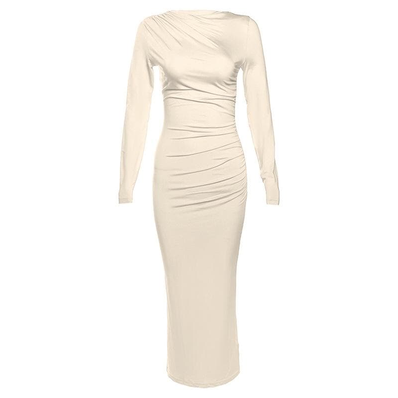 Ruched solid long sleeve zip-up maxi dress