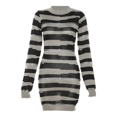 Crochet striped contrast long sleeve crewneck mini dress