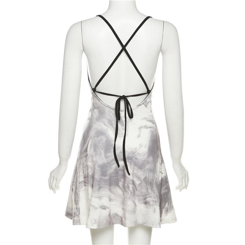 Tie dye cowl neck cross back backless ruched mini dress