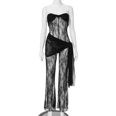 Lace see through solid self tie irregular backless tube jumpsuit