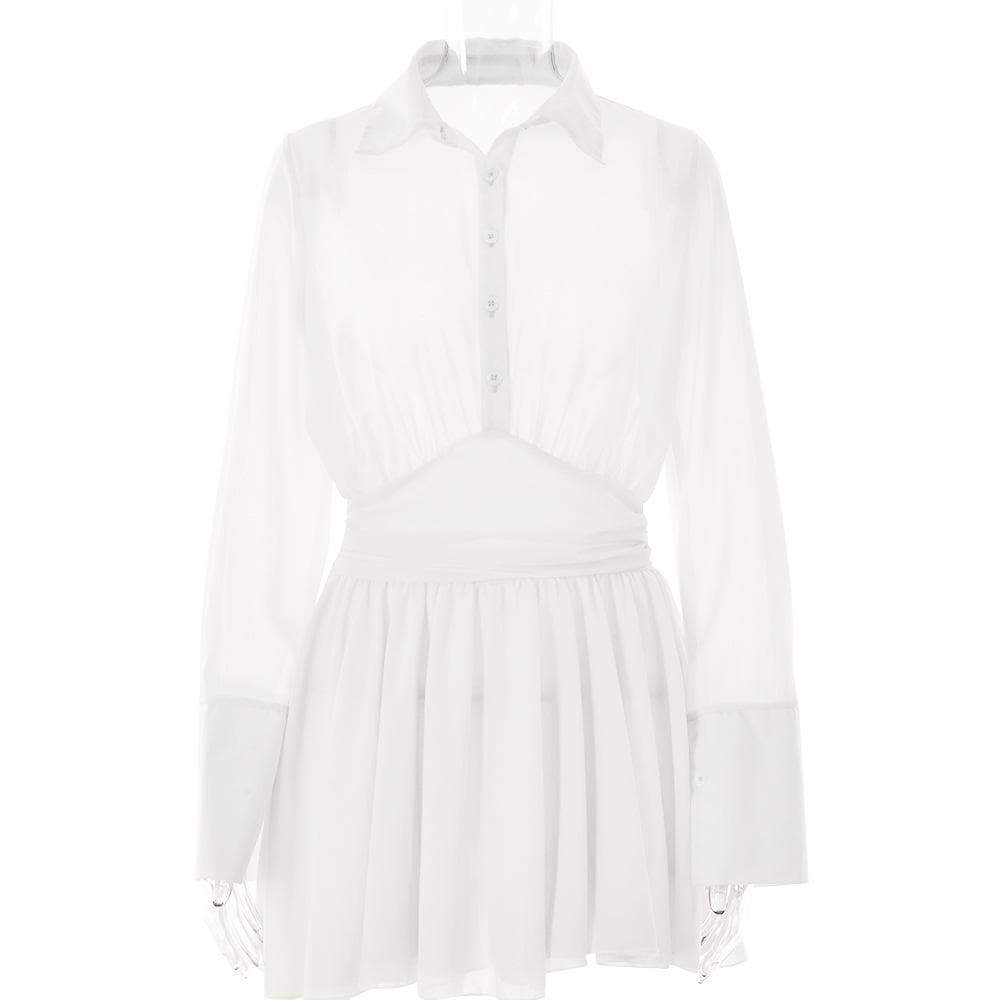 Turnover collar button long sleeve ruched zip-up chiffon mini dress