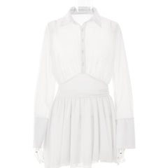 Turnover collar button long sleeve ruched zip-up chiffon mini dress