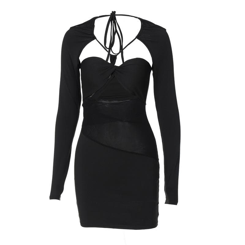 Long sleeve mesh irregular solid halter hollow out mini dress