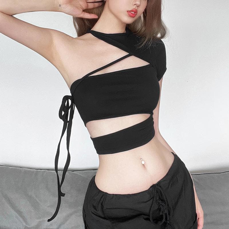 Irregular one shoulder self tie hollow out solid crop top