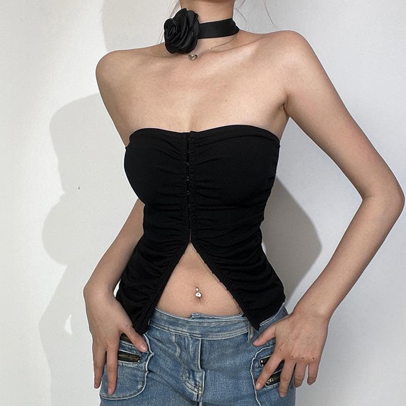 Neckholder-Crop-Top mit Blumenapplikation und Knopfleiste, rückenfrei, gerüscht