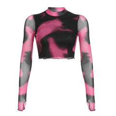 Top corto de malla con efecto tie-dye, cuello alto y guantes de manga larga 