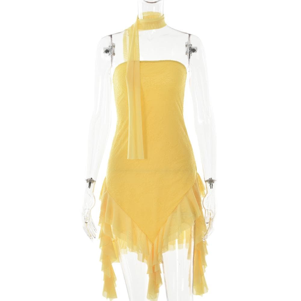 Mesh ruffle ribbon irregular solid backless tube mini dress