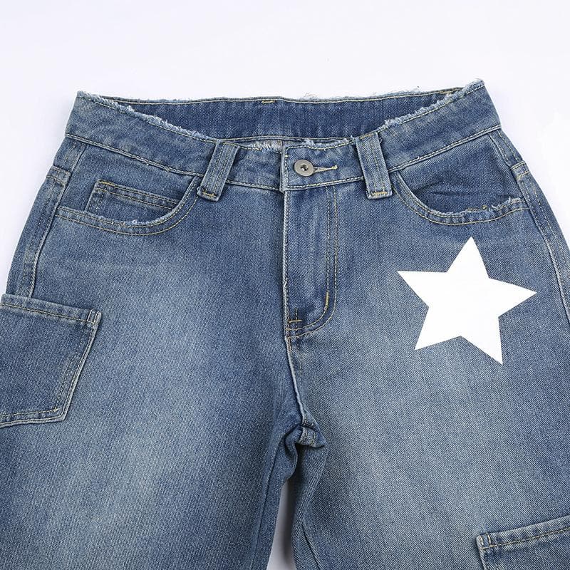 Contrast star pattern raw hem pocket straight leg jeans