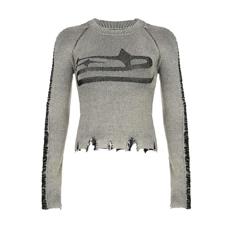 knitted contrast irregular long sleeve crewneck top