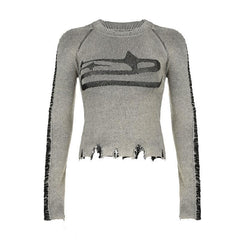 knitted contrast irregular long sleeve crewneck top