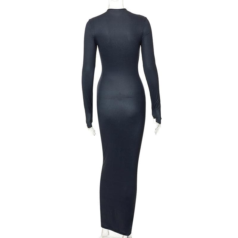 Contrast body pattern crewneck gloves long sleeve maxi dress