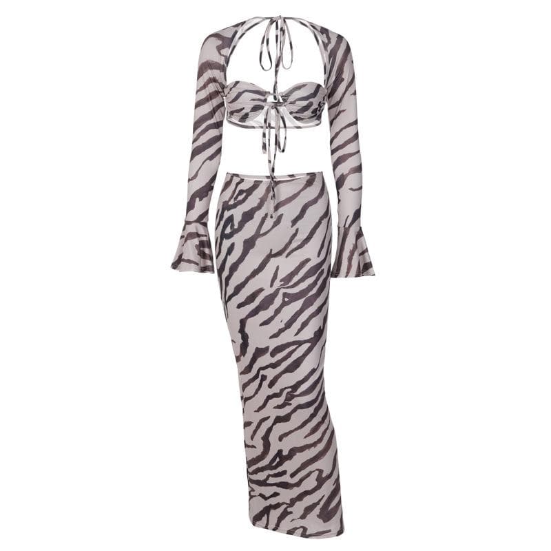 Zebra print low cut flared sleeve self tie contrast maxi skirt set