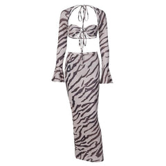 Zebra print low cut flared sleeve self tie contrast maxi skirt set