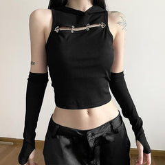 Gloves sleeveless solid hoodie o ring crop top