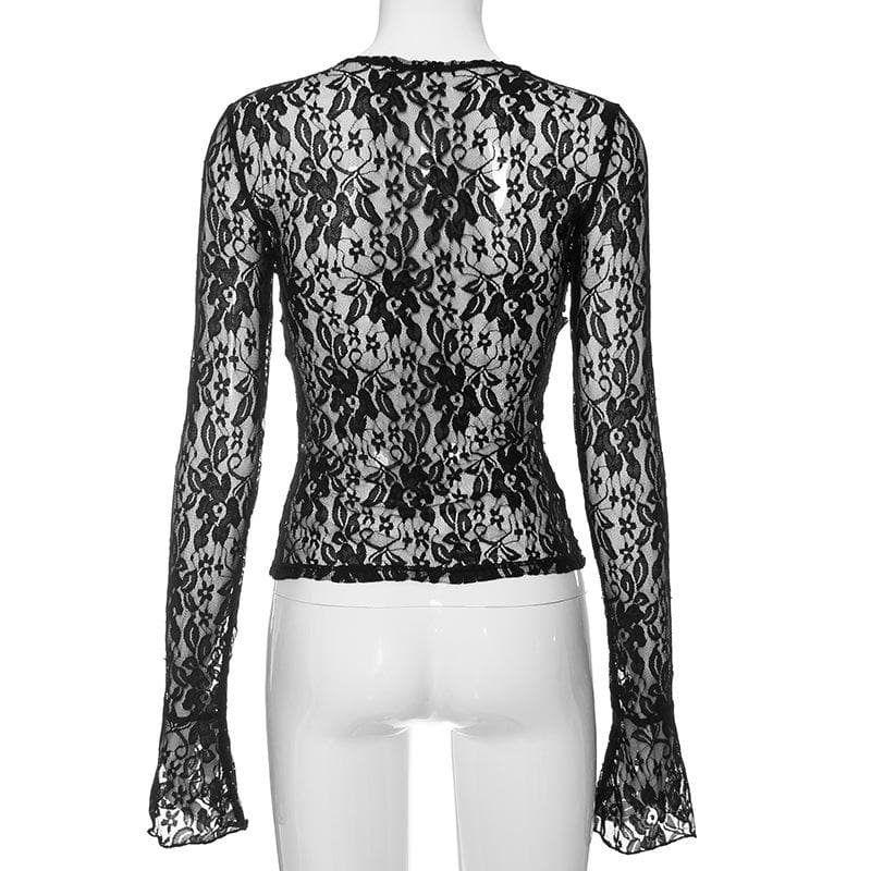 Lace cross front see through long sleeve solid top