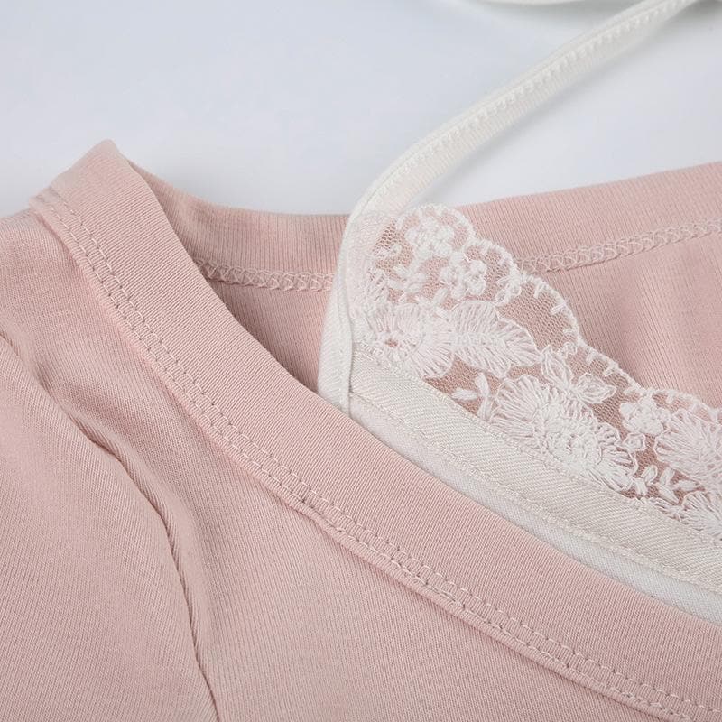 Lace contrast halter patchwork long sleeve crop top